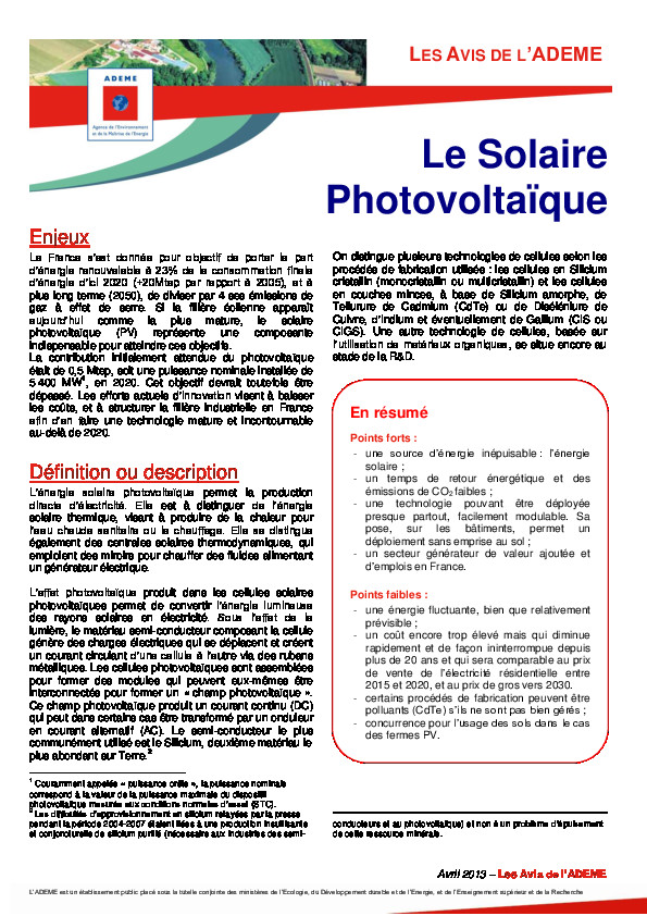 Energie solaire et photovoltaïque avis Ademe –  avril2013